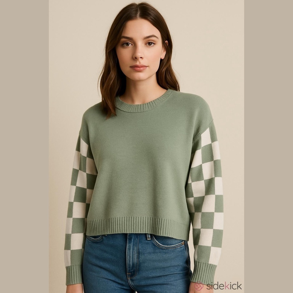NWT | Simply Jules Checkered Sleeve Crop Sweater | S